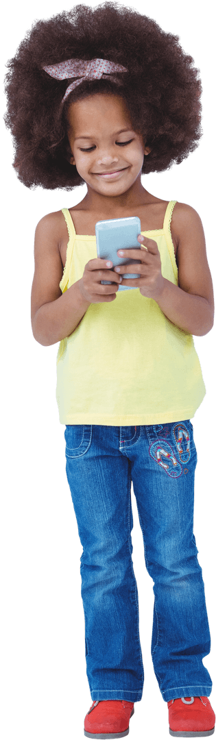 Happy Young Girl Smiling Using Mobile Phone on Transparent Background