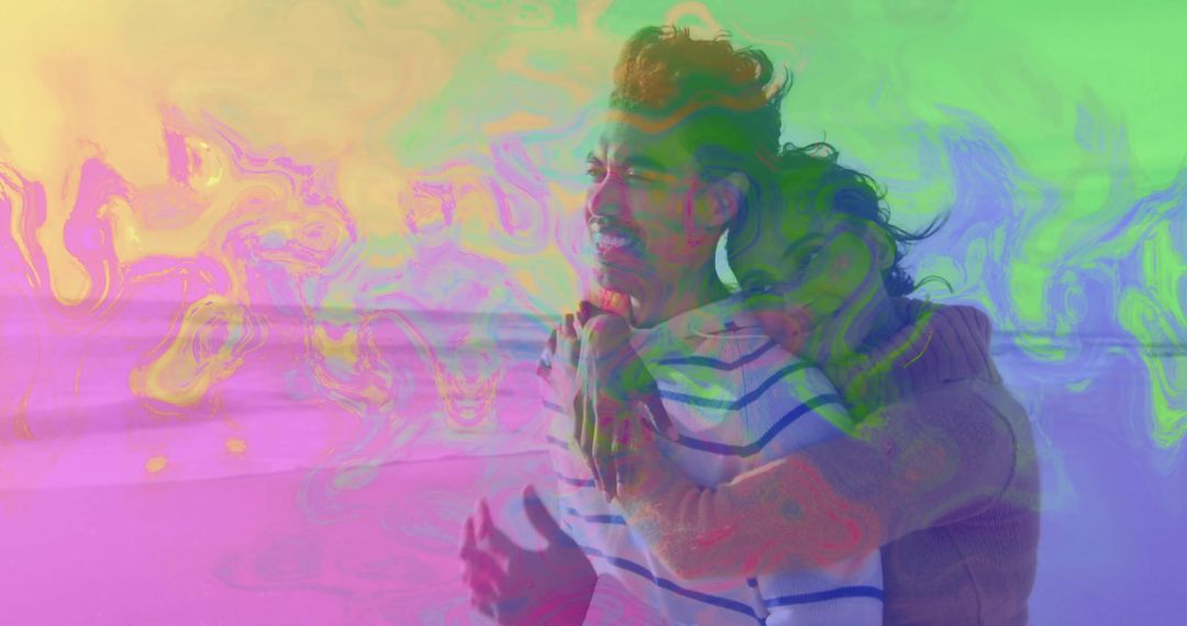 Romantic Couple Hugging by Beach with Pastel Sky