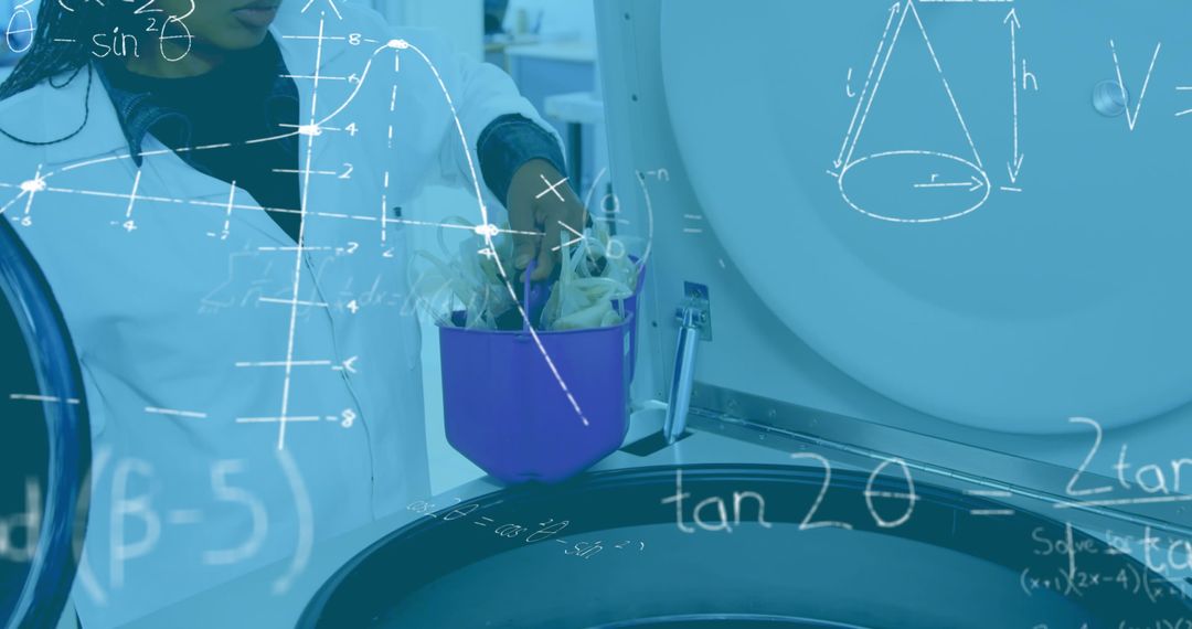 Female Lab Worker in PPE Conducting Research with Mathematical Overlay
