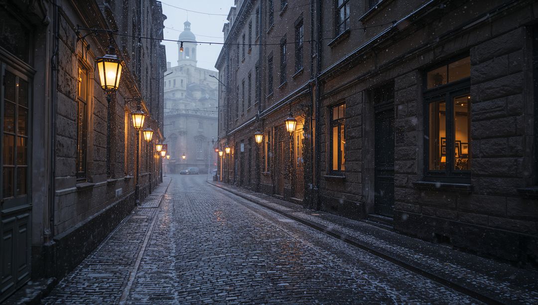 Snowy cobblestone alley leading to domed cathedral at dusk with warm lantern light