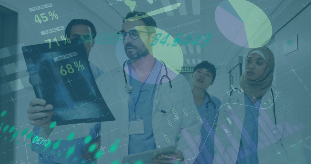 Diverse Medical Team Analyzing Data with Futuristic Technology Overlay