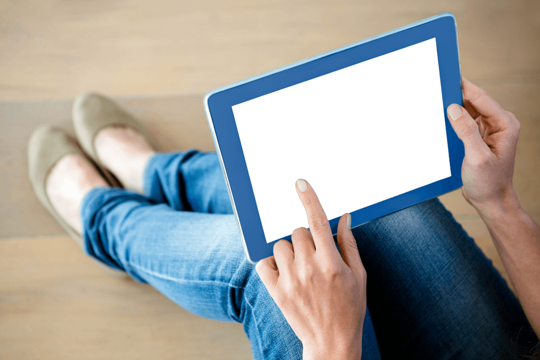Woman Sitting Floor Holds Digital Tablet with Transparent Screen
