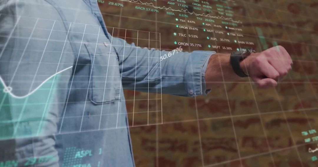 Businessman Analyzing Financial Data on Smartwatch in Futuristic Setting