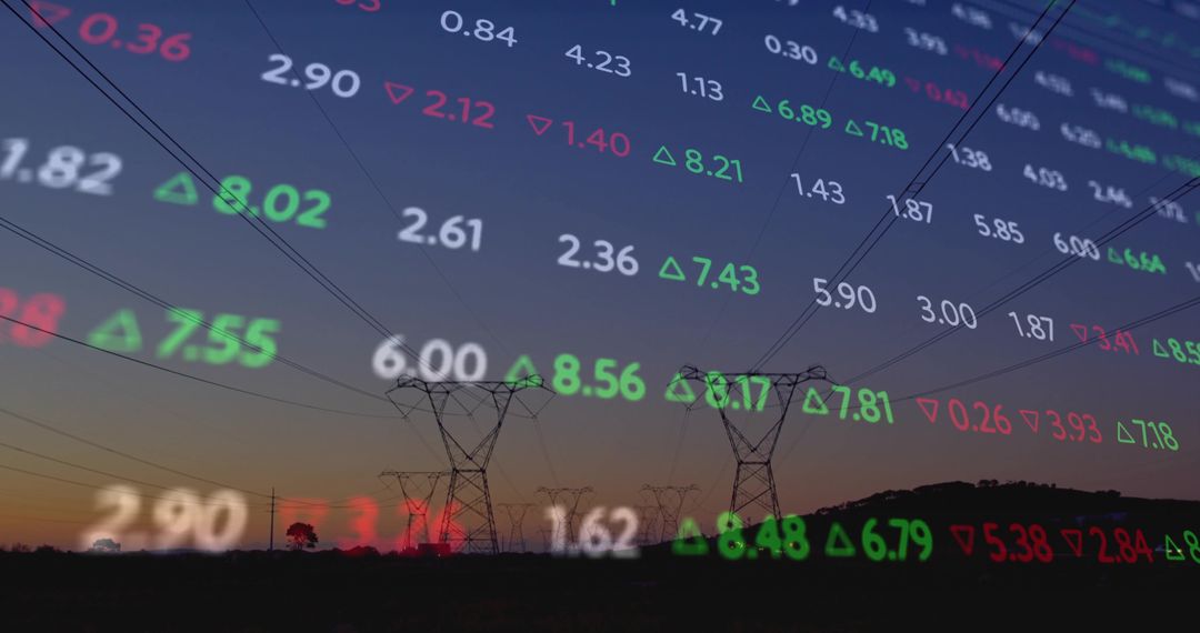 Transmission Towers at Dusk with Overlay of Stock Market Data