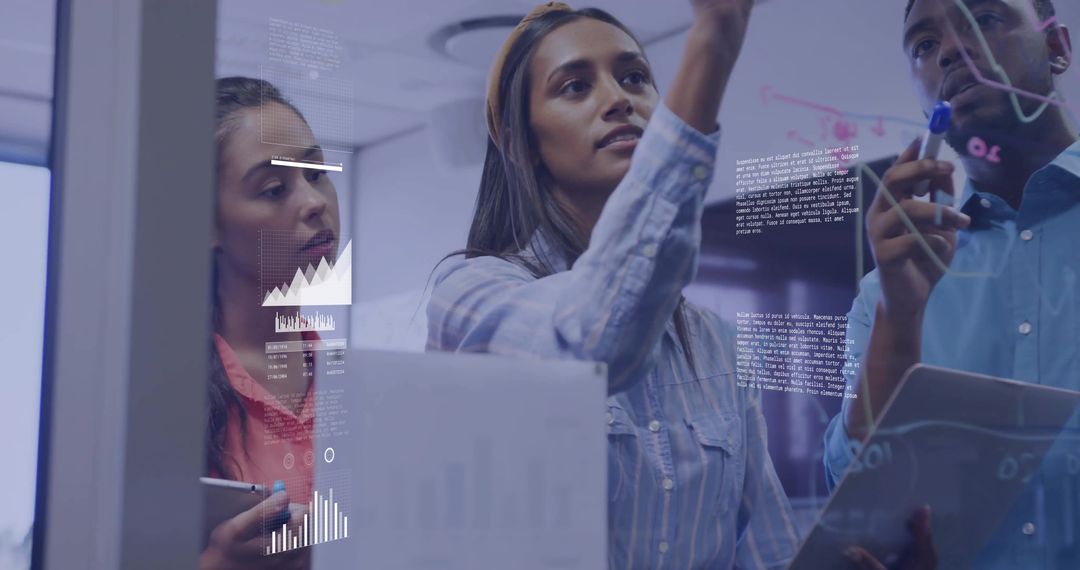 Team Collaborating on Digital Data at Glass Whiteboard