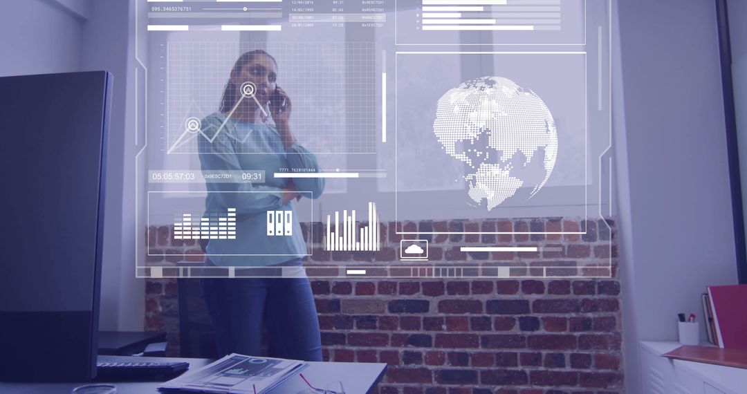 Businesswoman in Office Analyzing Global Financial Data