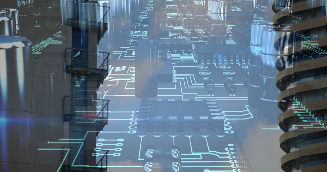 Futuristic Circuit Board Overlay on Urban Architecture