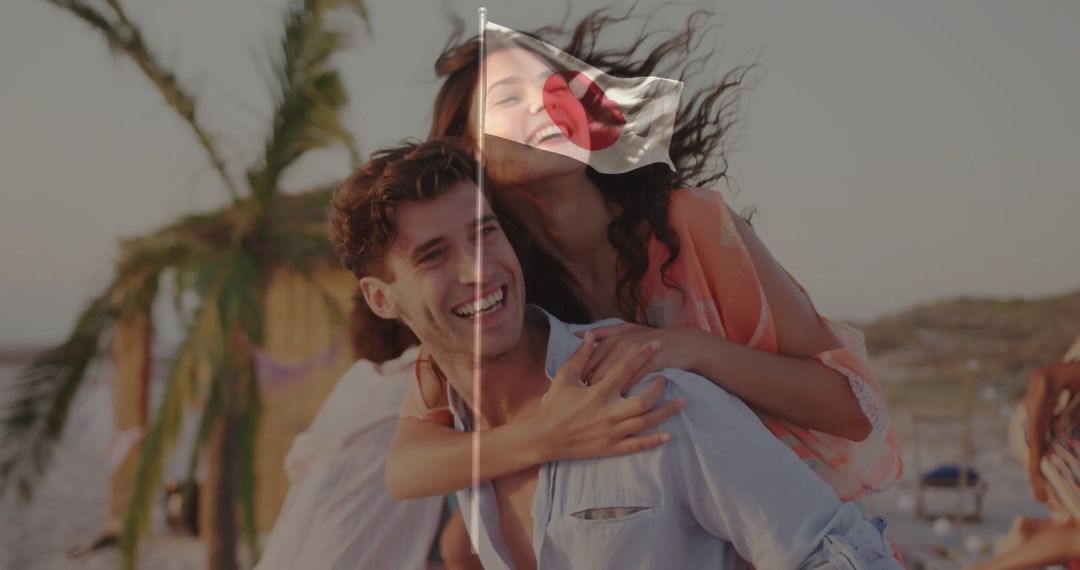 Joyful Couple Enjoying Beach Party with Sunset Backdrop