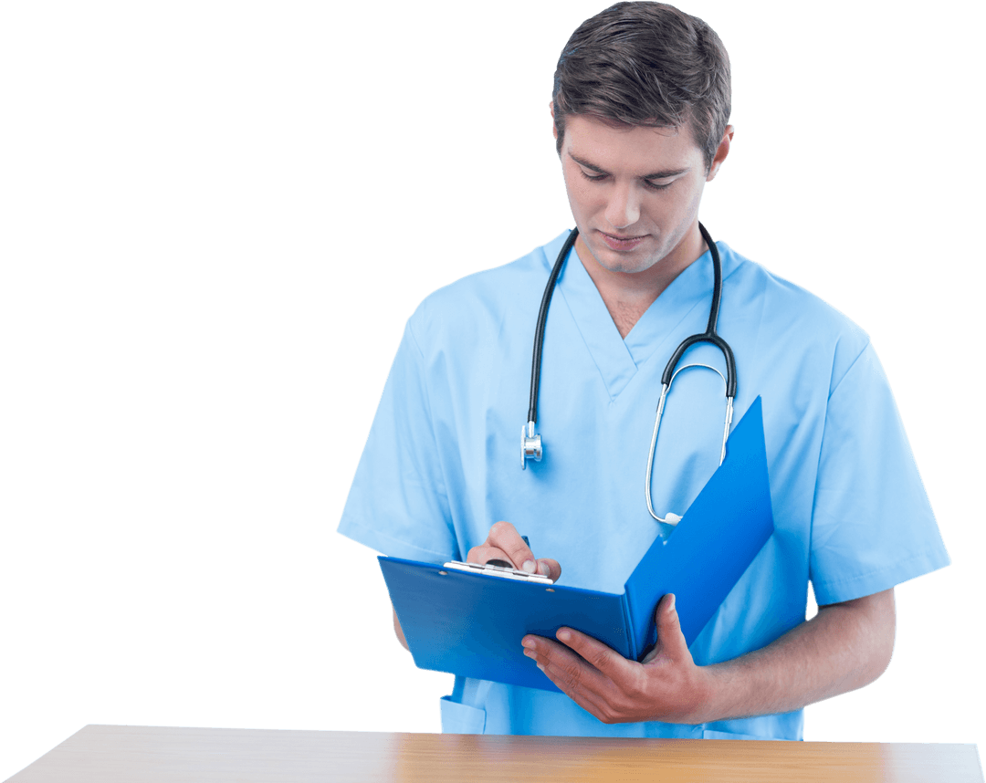 Transparent Surgeon Writing on Clipboard with Stethoscope