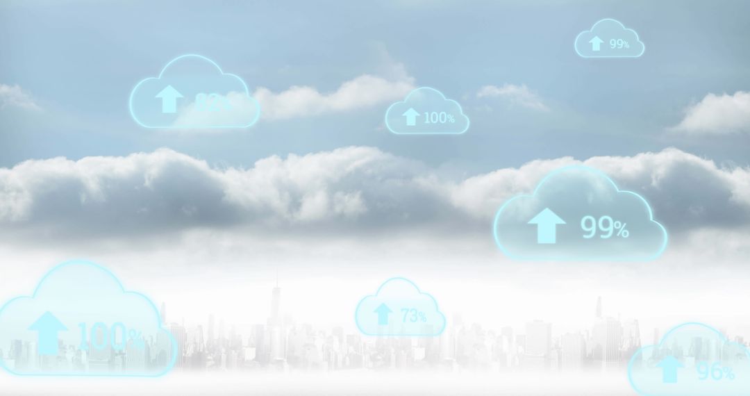 Digital Cloud Graphics with Stats Over Urban Skyline
