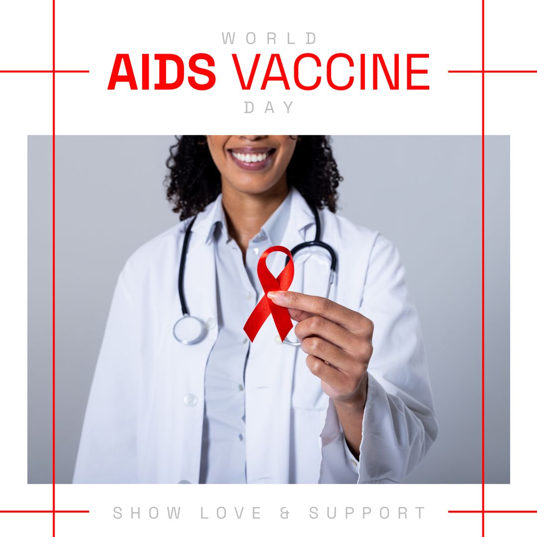 World AIDS Vaccine Day Awareness Campaign with Female Doctor and Red Ribbon - Download Free Stock Templates Pikwizard.com
