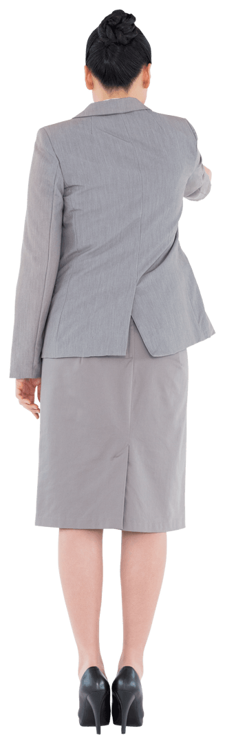 Transparent Back View Asian Businesswoman Pointing Finger