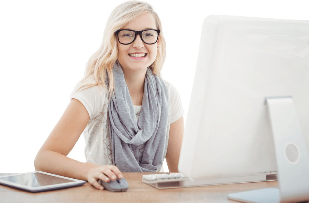 Smiling Woman Using Computer with Transparent Background for Professional Use