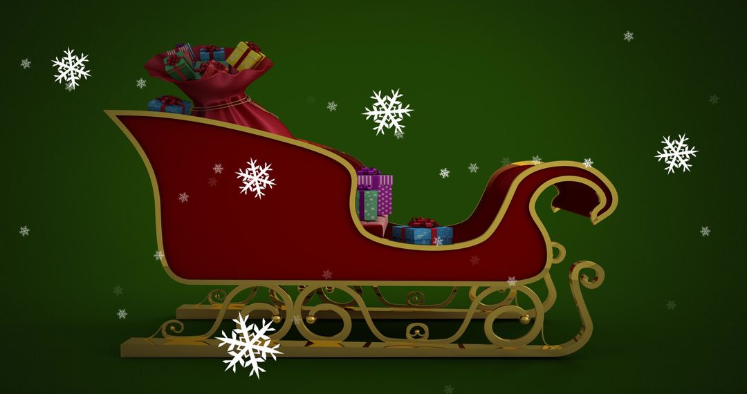 Festive Sleigh with Gifts on Green Background and Snowflakes