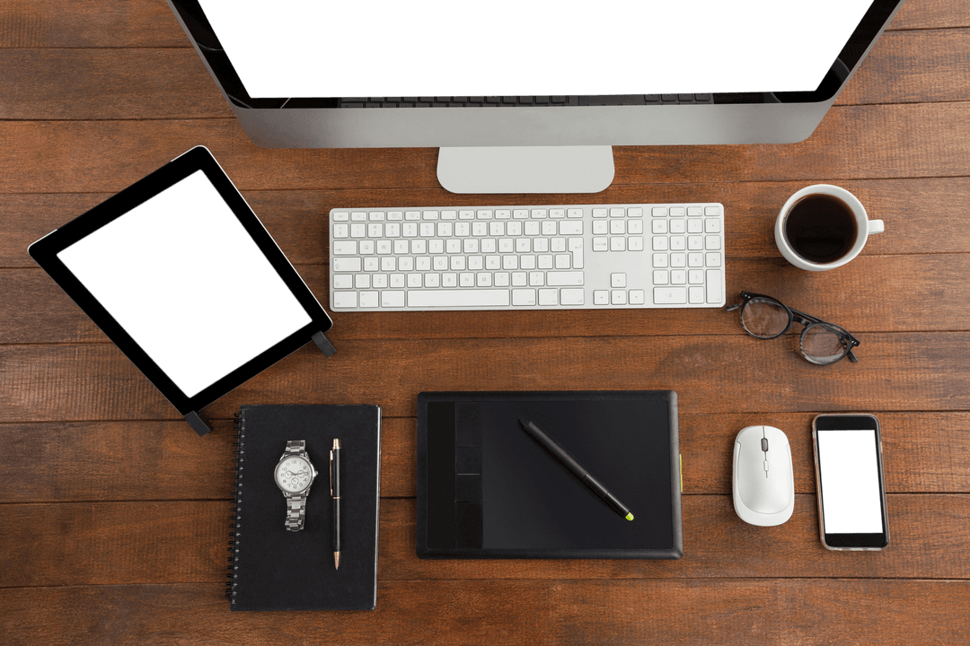 Transparent Office Desk Top Workspace with Electronic Devices