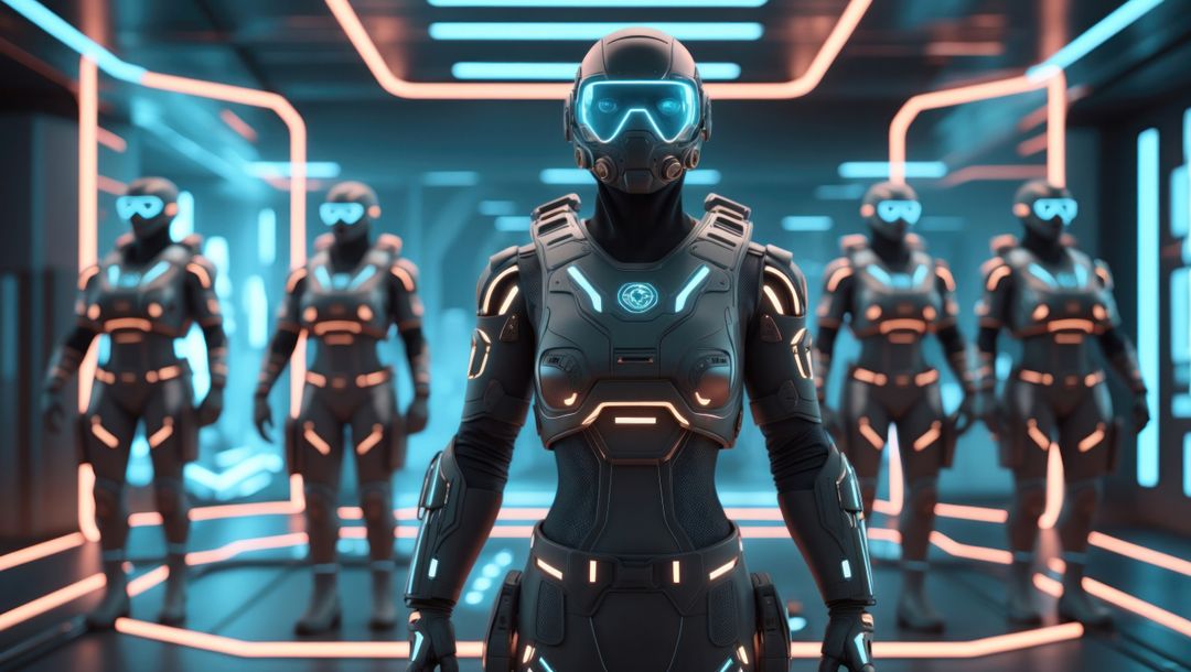 Futuristic armed bodyguards with high-tech cyber exosuits in neon-lit corridor