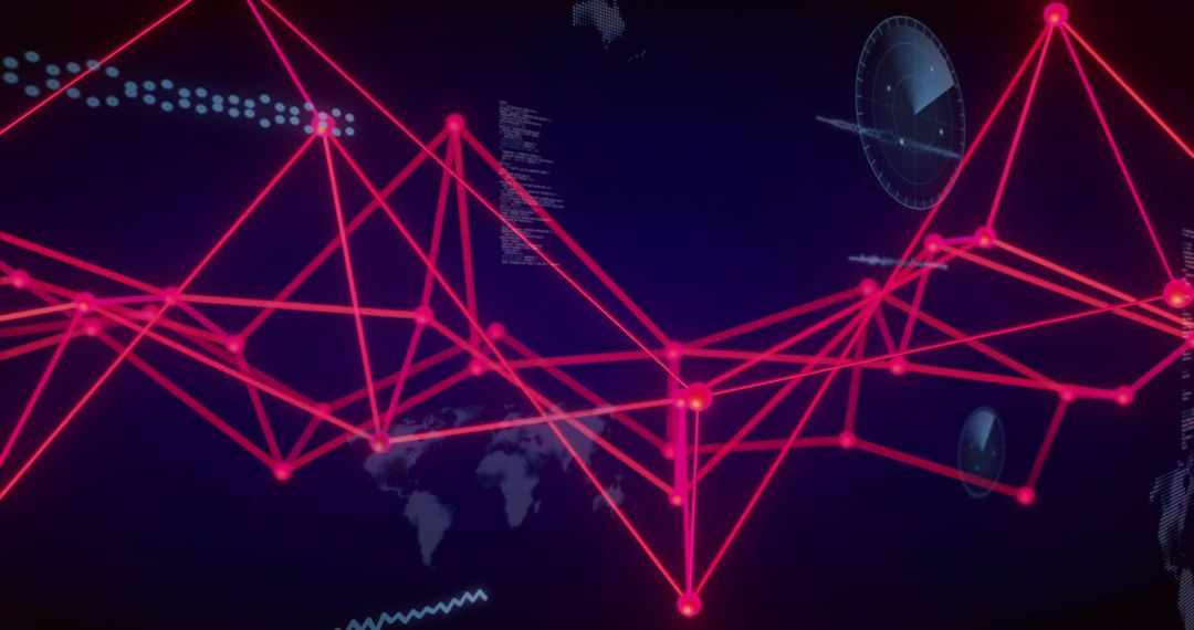 Neon Network Visualization Showing Glowing Nodes, Connecting Lines and Futuristic HUD Overlay