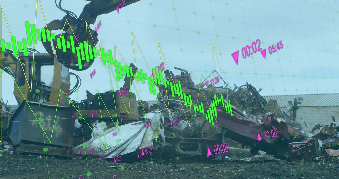 Scrapyard Machinery Overlaid with Financial Chart Graphs