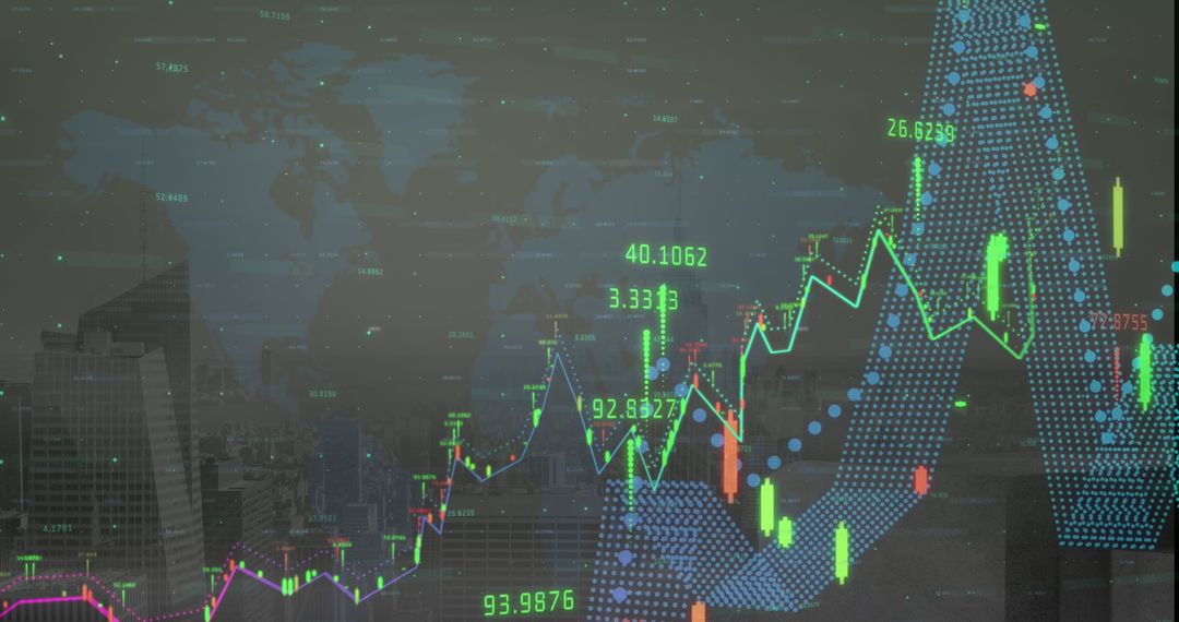 Abstract Stock Market Data Overlay on Cityscape Background