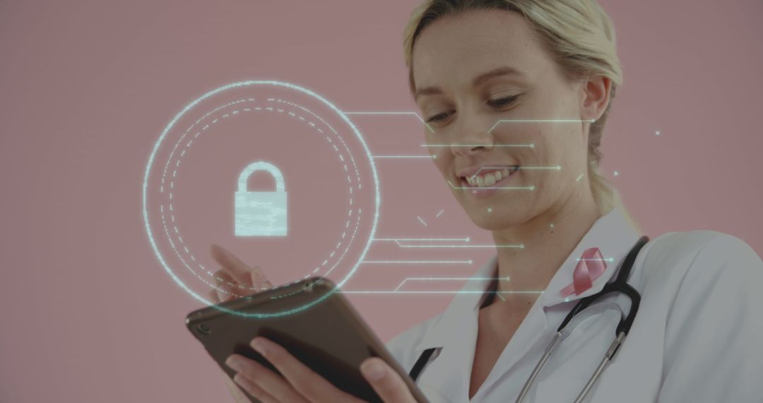 Smiling Female Doctor Using Tablet with Digital Security Interface