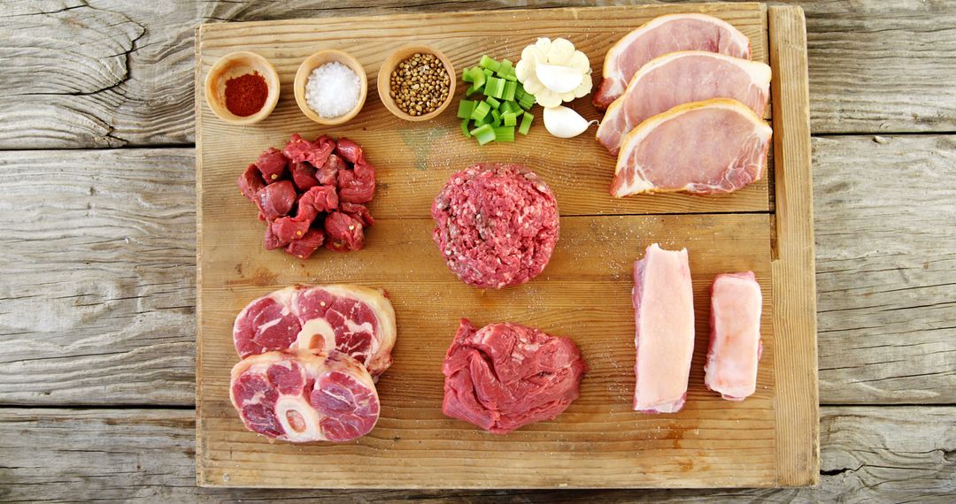 Variety of Fresh Raw Meats and Spices on Wooden Cutting Board - Free Images, Stock Photos and Pictures on Pikwizard.com