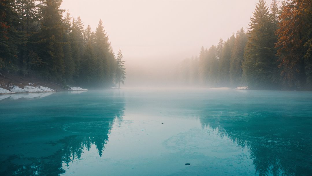 Tranquil Misty Lake Surrounded by Evergreen Forests in Azure Morning Light