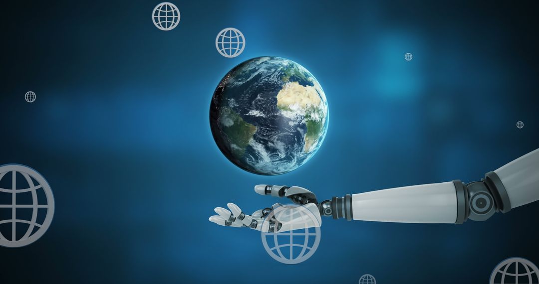 Futuristic Robotic Arm Holding Earth Globes Floating