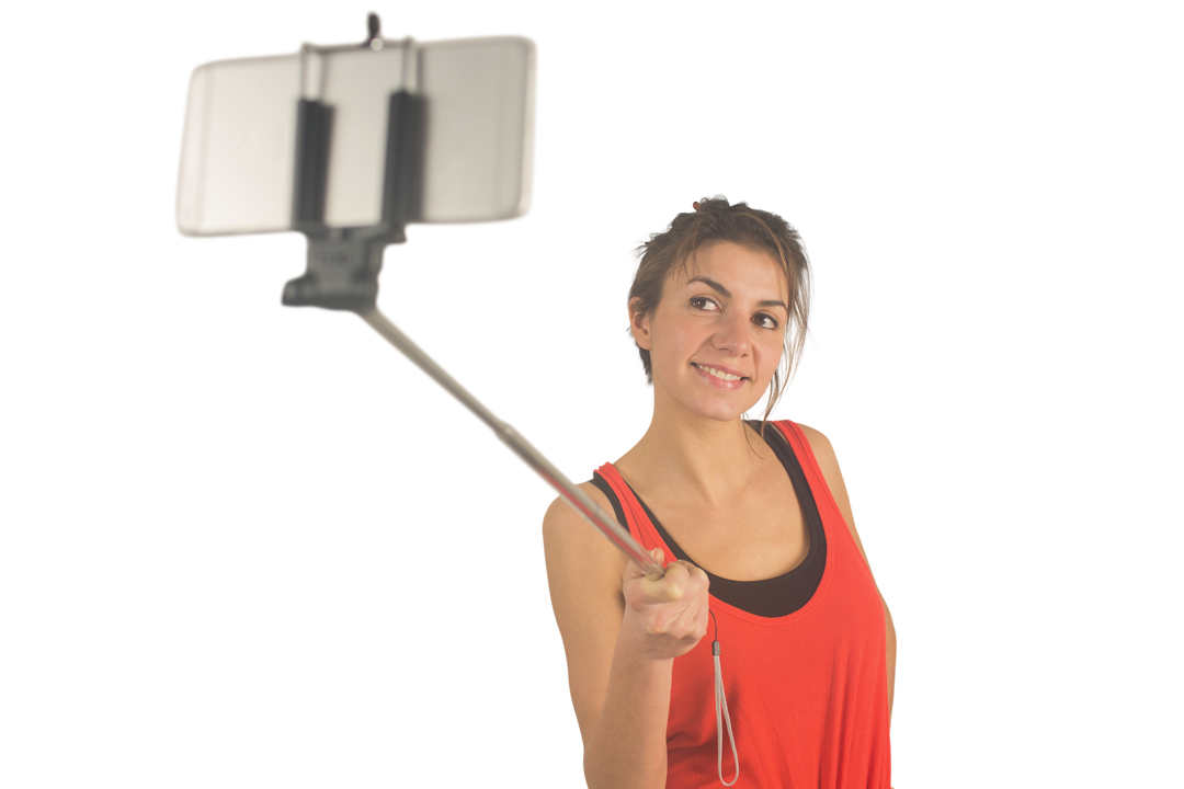 Smiling Young Woman Using Selfie Stick on Transparent Background - Download Free Stock Images Pikwizard.com