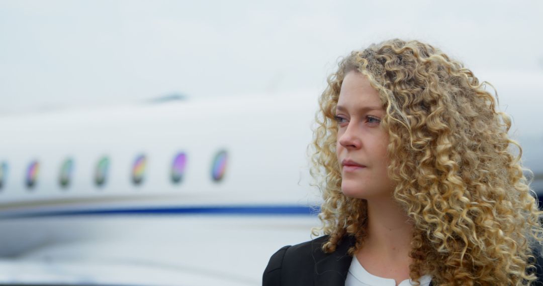 Contemplative Businesswoman Near Private Jet on Runway