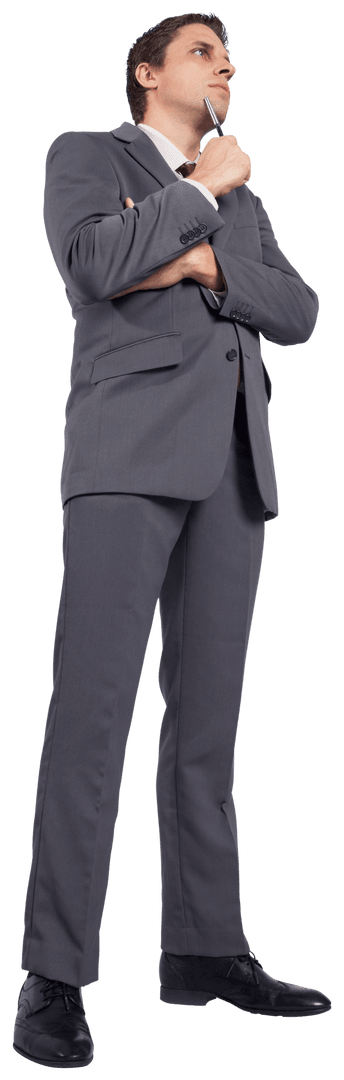 Thoughtful Caucasian Businessman in Gray Suit with Transparent Background