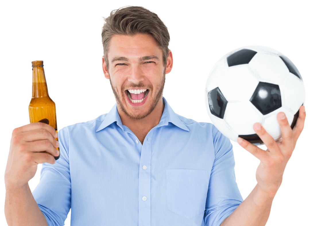Cheerful Man With Soccer Ball and Beer on Transparent Background