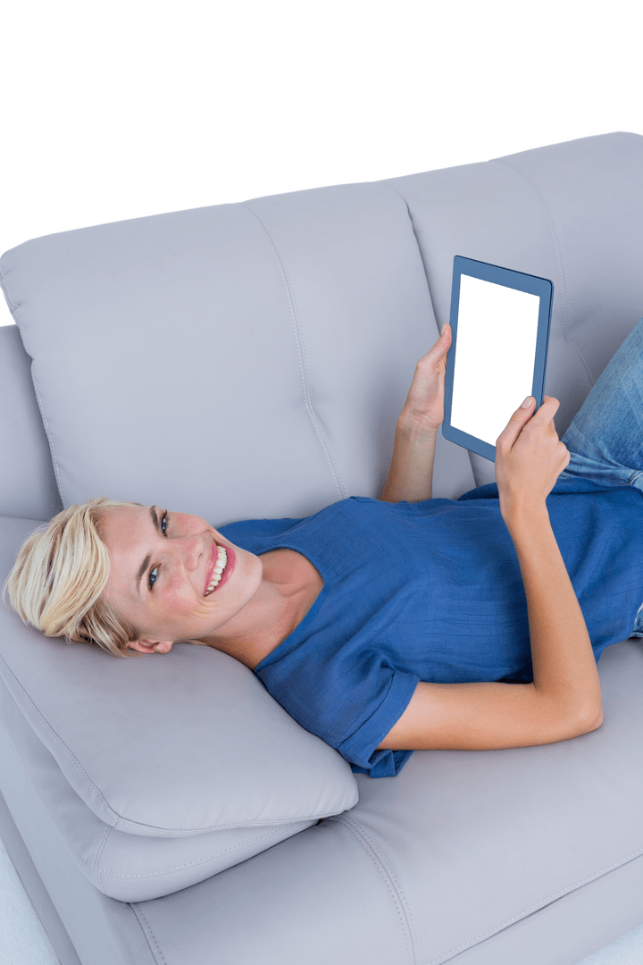 Smiling Blonde Woman Using Tablet on Transparent Background