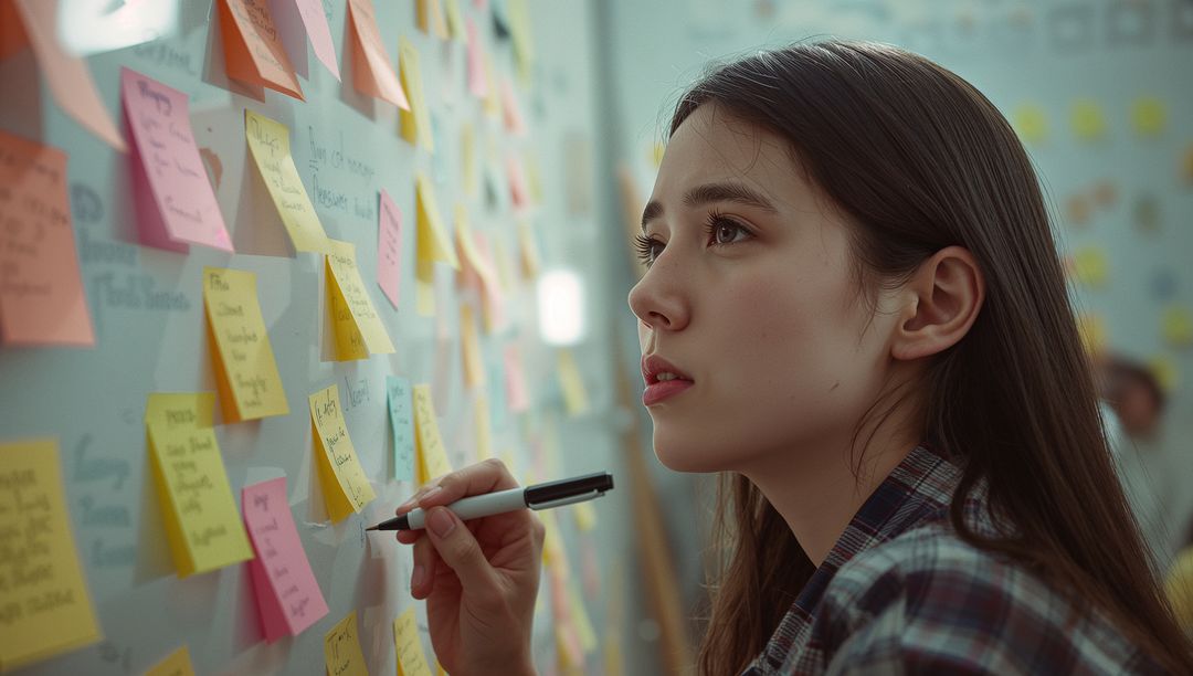 Focused Woman Engaged in Creative Office Brainstorming Session