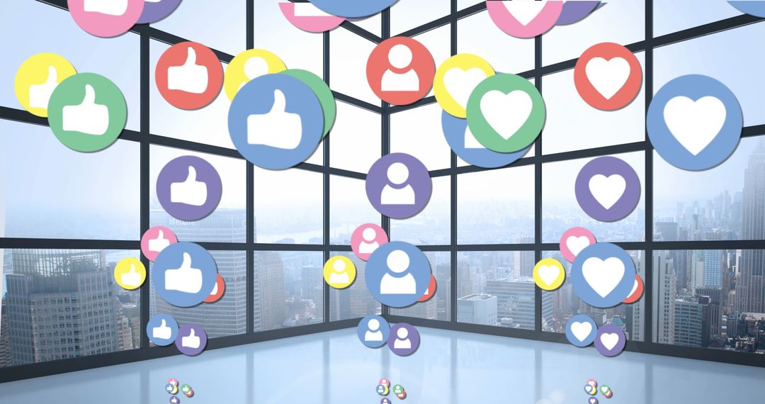 Digital Icons Floating in Modern Cityscape Background