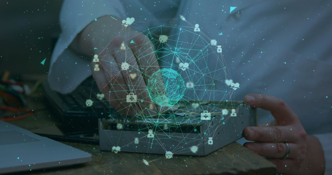 Technician Enhancing Computer Connectivity with Digital Network Overlay