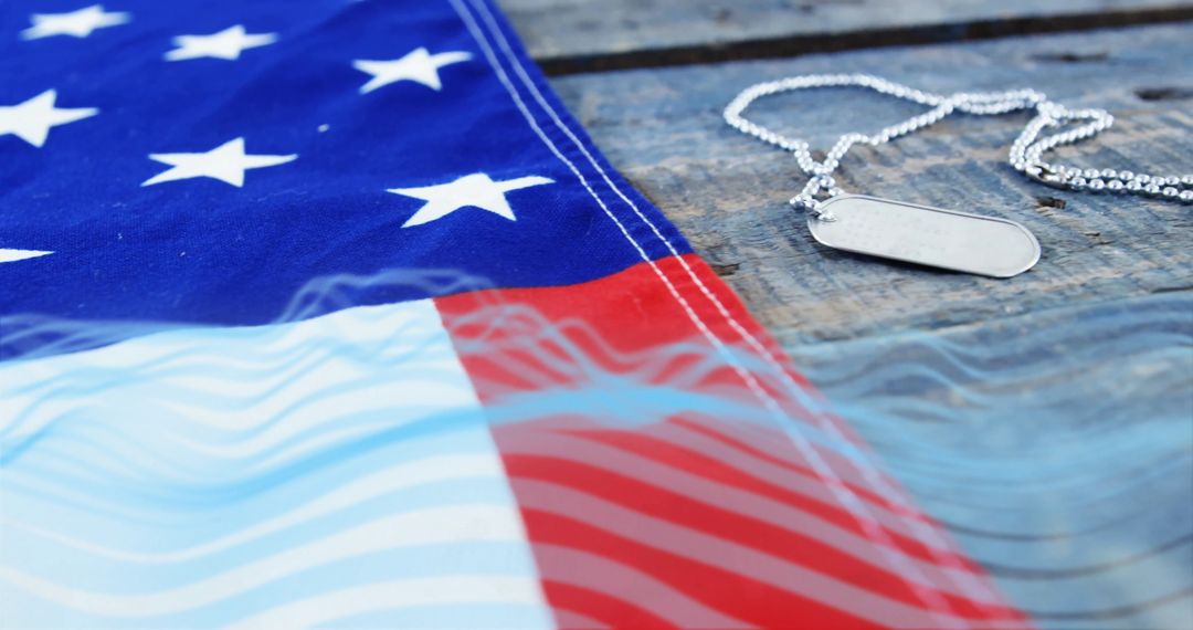 Dog Tags on Rustic Wood with American Flag Backdrop, Symbolizing Patriotism