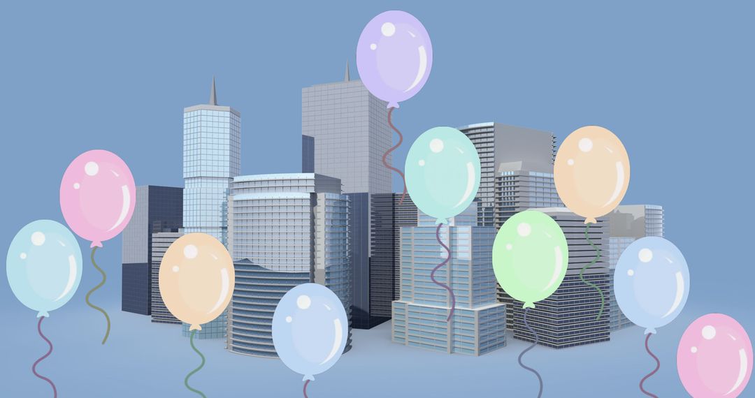 Colorful Balloons Hovering Over 3D City Skyline