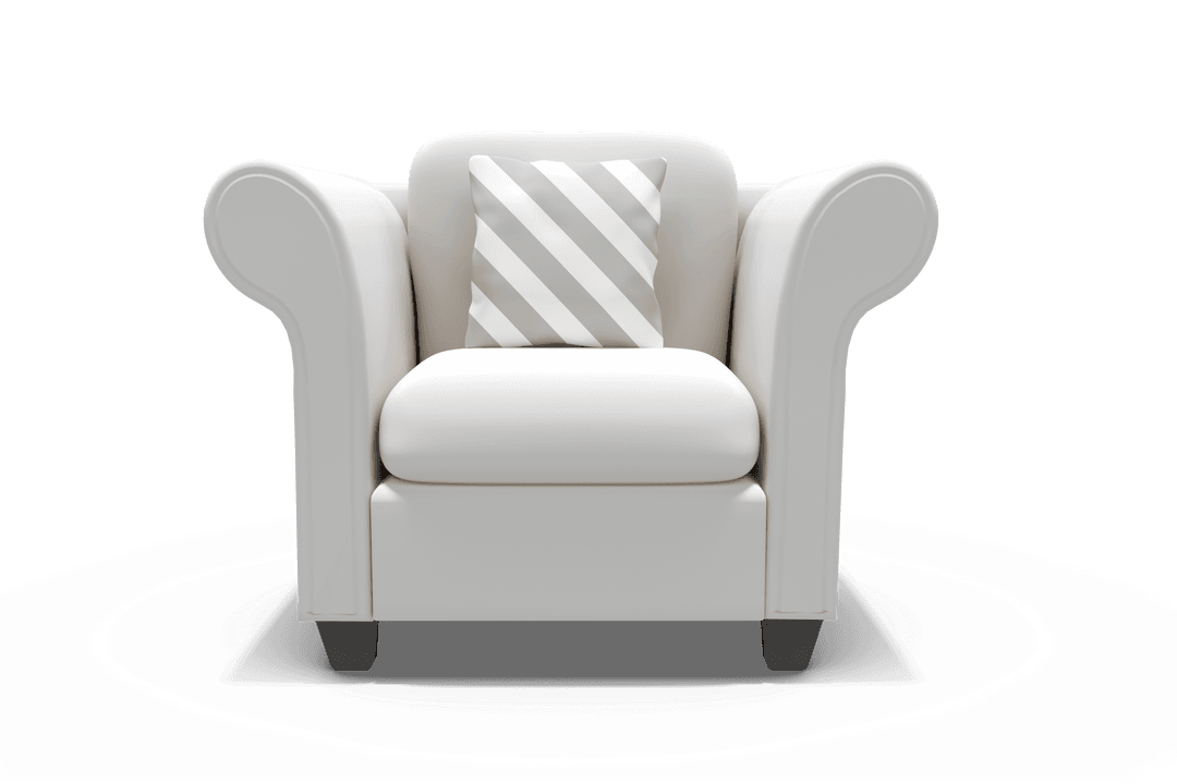 3D Rendering of Elegant White Armchair with Striped Cushion on Transparent