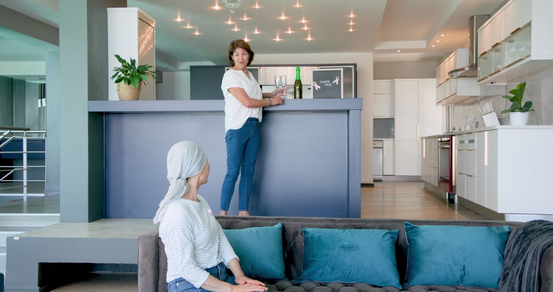Mature Women Relaxing at Home with Drinks and Conversation