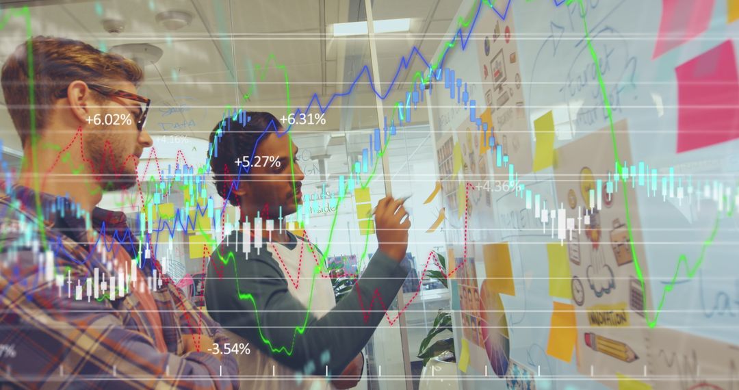 Diverse Team Brainstorming with Financial Graphs Overlay