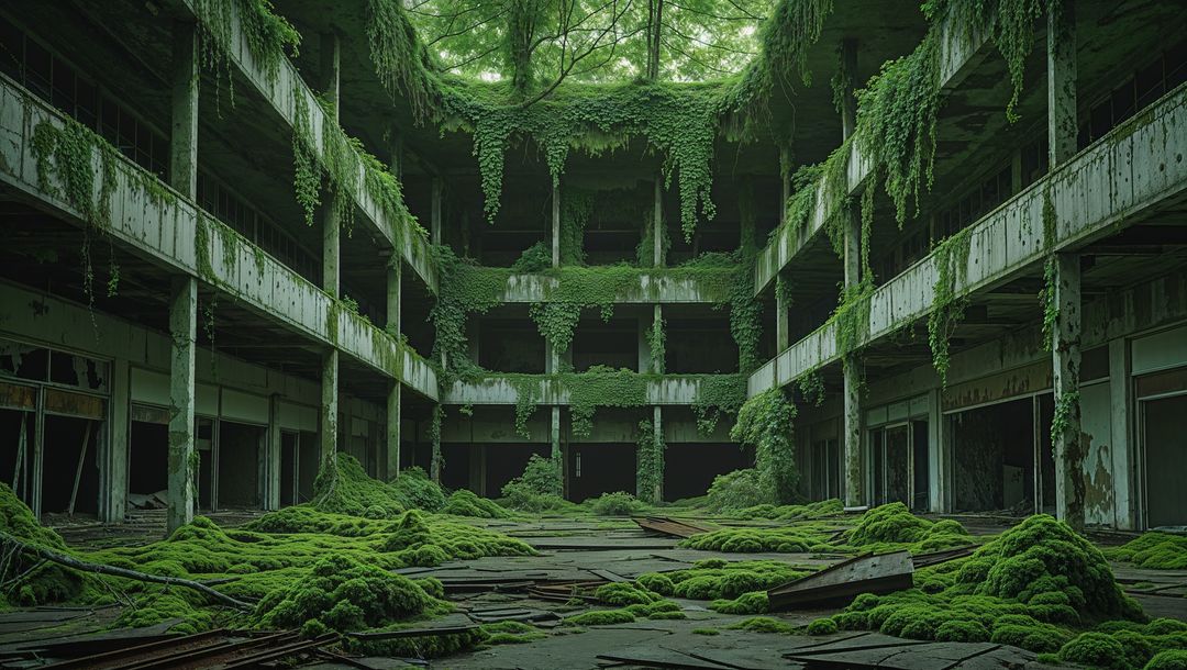 Abandoned moss-covered indoor court revealing nature's reclamation after the apocalypse
