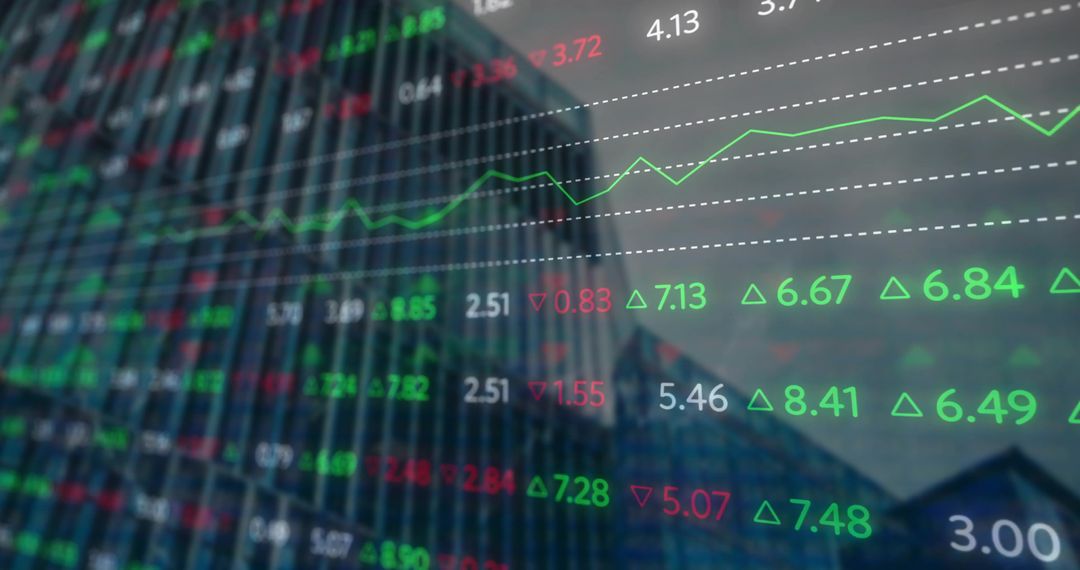 Financial District with Market Trends Overlay and Analytics Graphics
