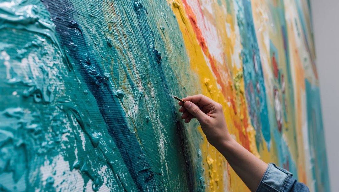 Artist Applying Fine Details on Textured Vibrant Canvas