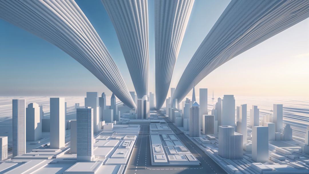 Futuristic metropolis with sweeping ribbed arches, streamline design