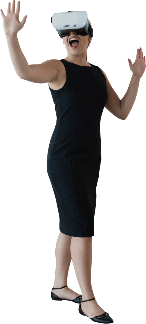 Cheerful Businesswoman Engaging with Virtual Reality Headset Transparent