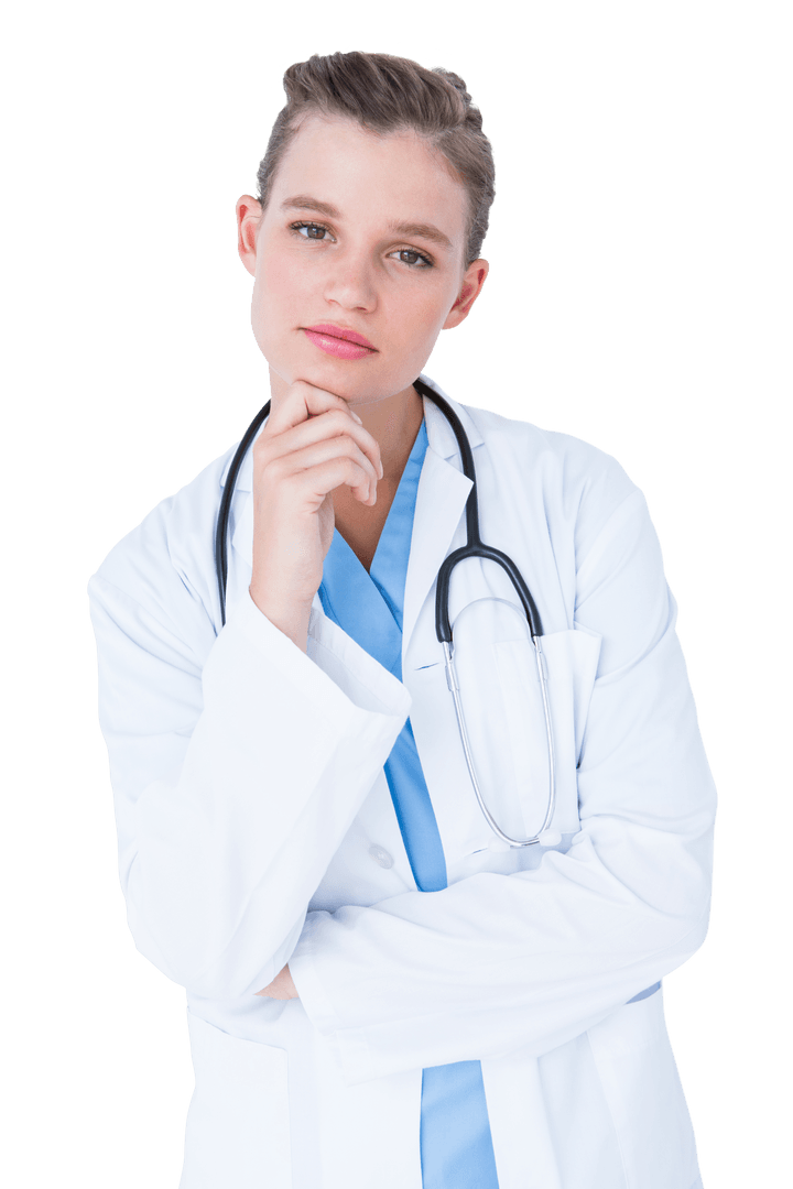 Transparent Thoughtful Doctor with Hand on Chin Contemplating
