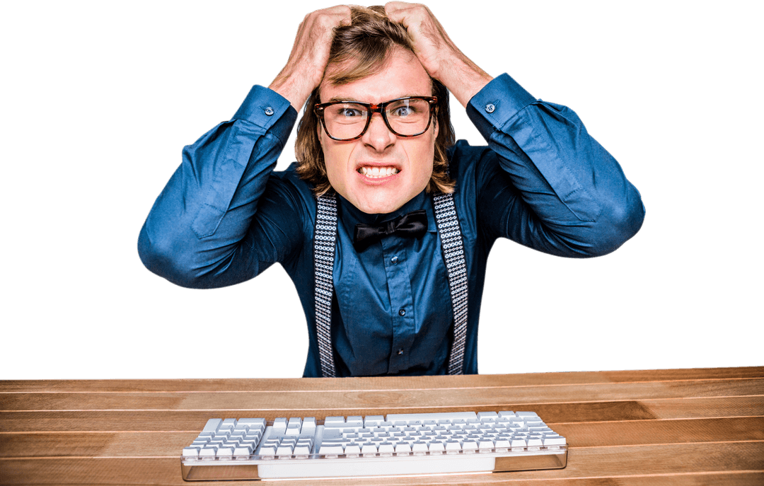 Frustrated Hipster Businessman Grabbing Hair on Transparent Background