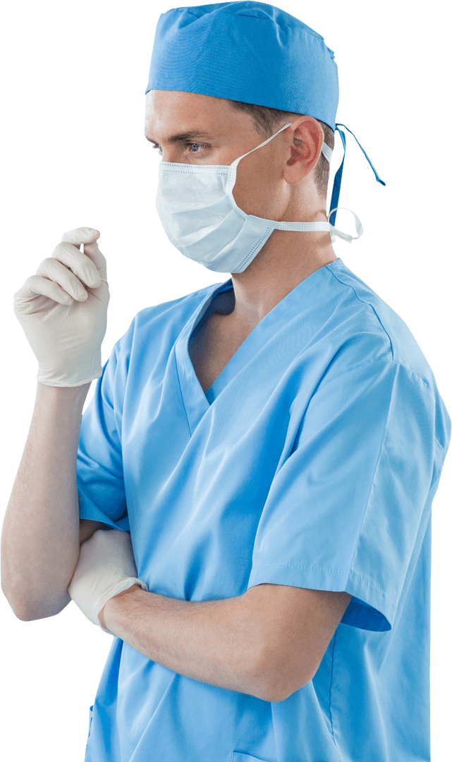 Transparent Image Male Nurse Wearing Mask and Gloves Thinking