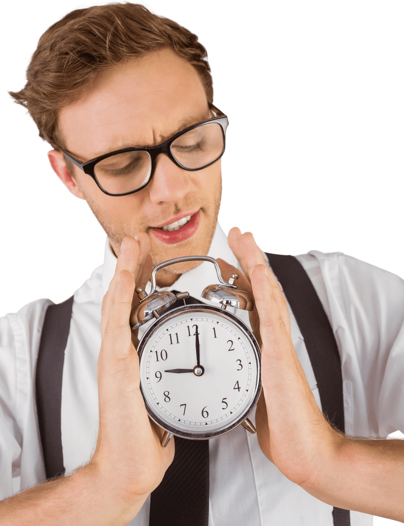 Geeky Businessman Holding Transparent Alarm Clock with Focus