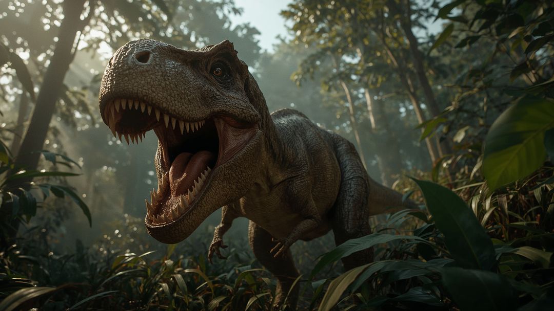 Ferocious Tyrannosaurus Rex Charging through Dense Jungle